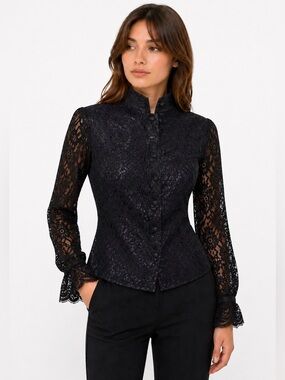 Vintage Black Lace Blouse Navy Lined High Neck Sheer Sleeve Button Up